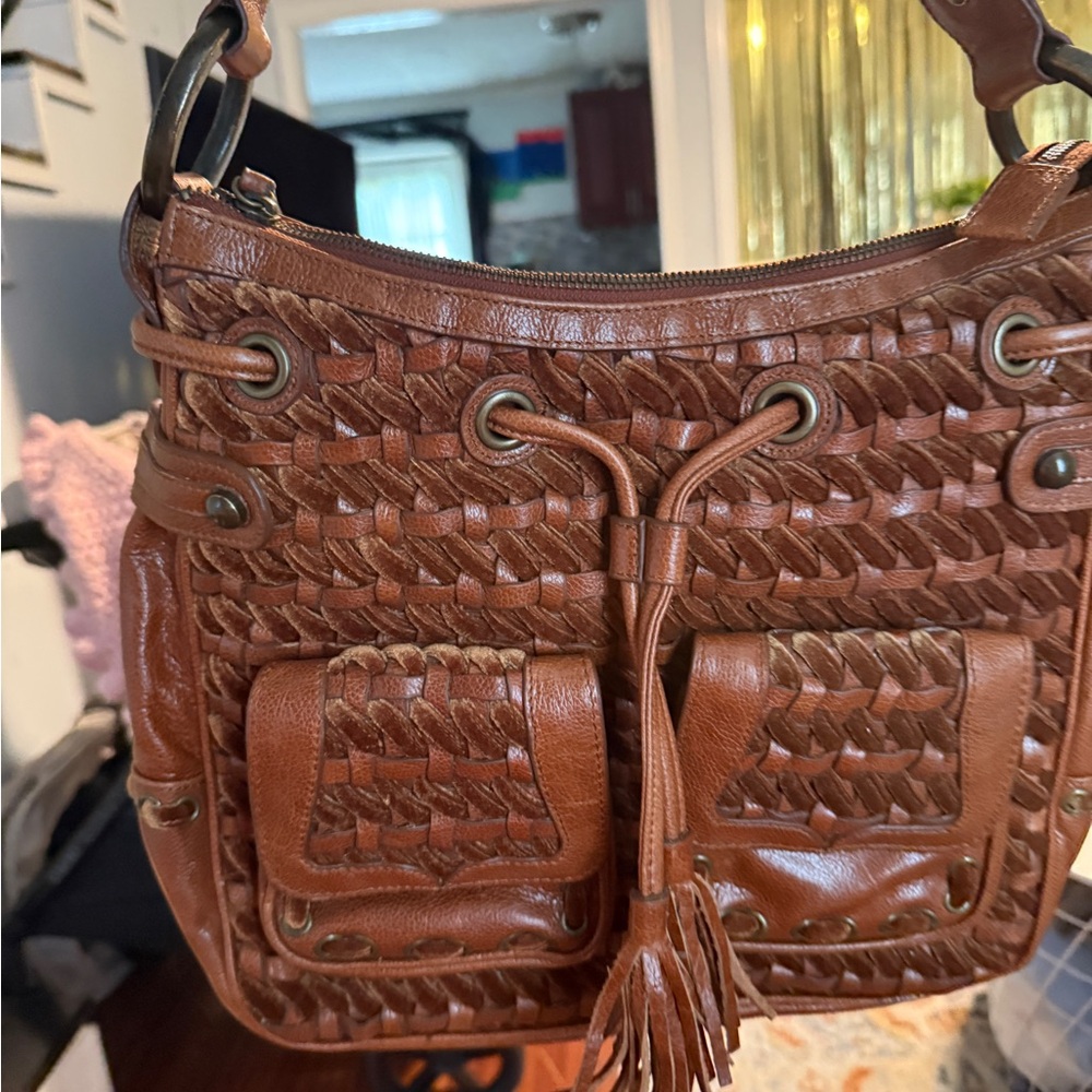 Isabella Fiore Brown Leather Shoulder Bag with Intricate Designs